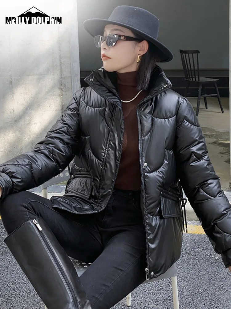 2022 Short Women Winter Jacket Stand Collar Bright Shiny Fabric Female Coat Padded Parkas Solid Winter Clothes Women