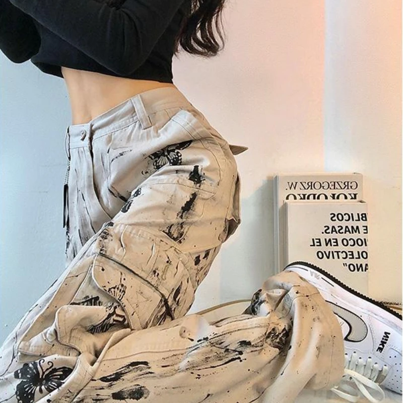 

Splattered ink tie-dye butterfly tooling pants women spring American y2k straight loose hot girl high street design pants womens