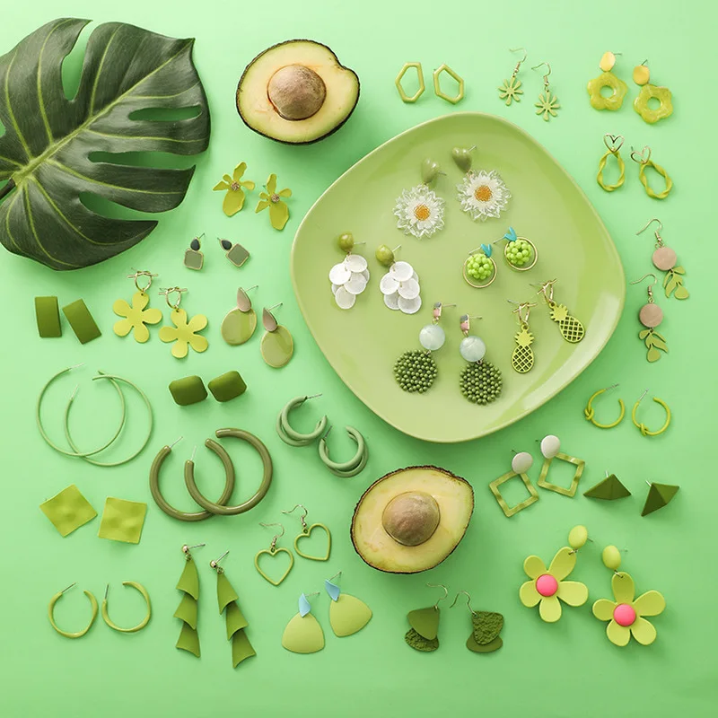 

2020 Summer Fashion Green Color Geometric Drop Earrings Acrylic Flower Round Square Statement Earrings for Women Party Jewelry