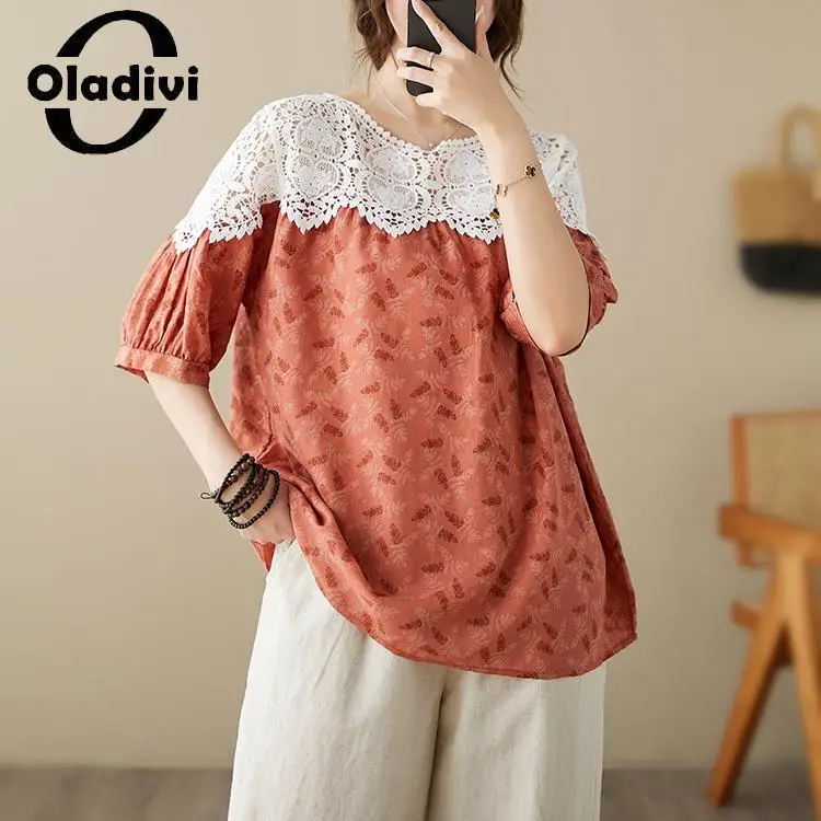 

Oladivi модный принт, большой размер, женские повседневные свободные кружевные плечевые блузки 2023, летние большие рубашки, Женская туника с бол...