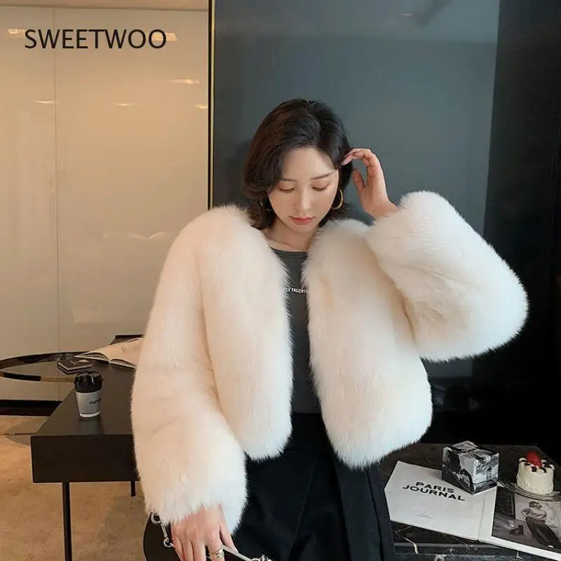 High Quality Faux Fox Fur Coat Women Winter Warm Long Sleeves Thick Fur Jacket Coat Female 2021 New Fashion Elegant Tops Slim