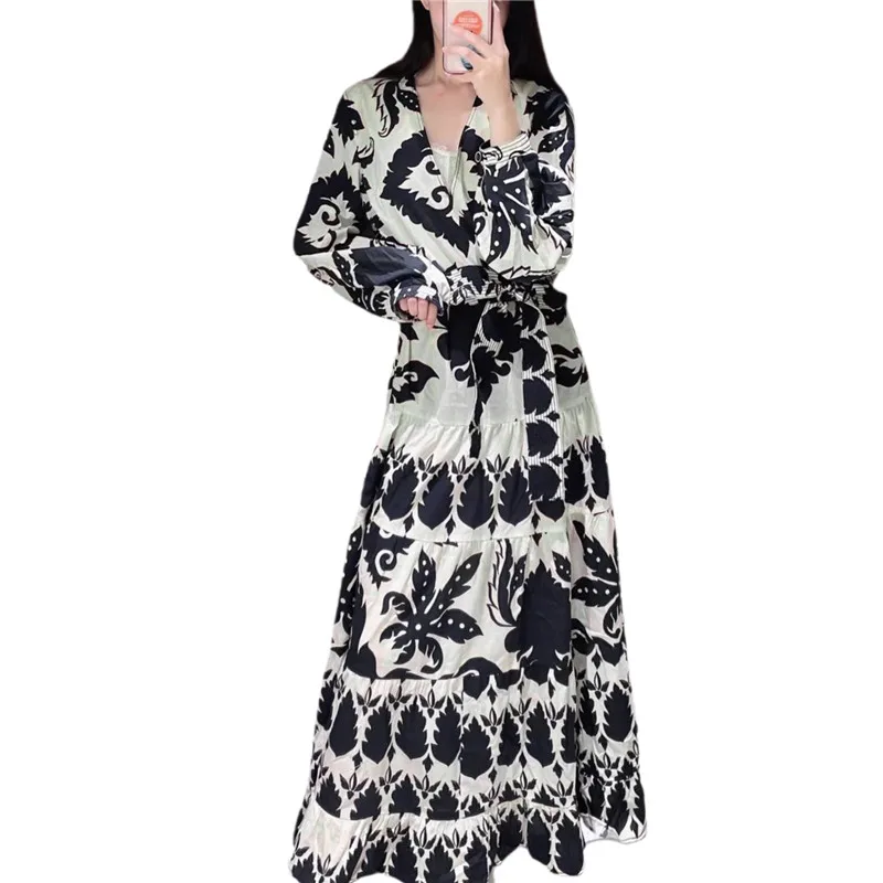 

Women's Summer Long A-Line Dress with Belt Vintage Print Long Sleeve Deep V Neck Ankle Length Dress Elegant Beach Maxi Y2K