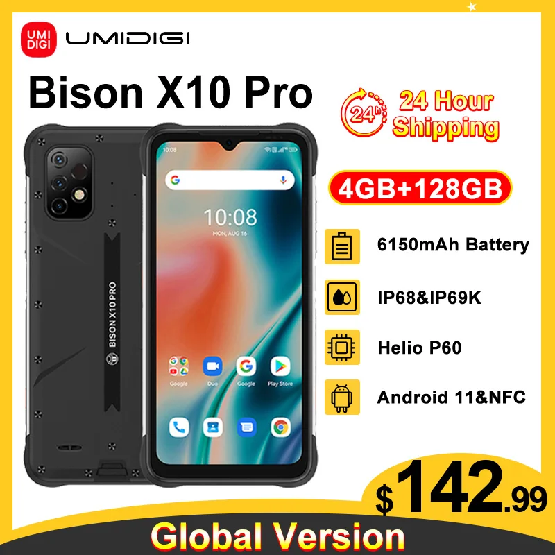 Фото 【 24H ship】 umidigi Bison X10 Pro 4 + 128GB IP68 & IP69K прочный телефон Глобальная версия NFC Helio P60 20MP