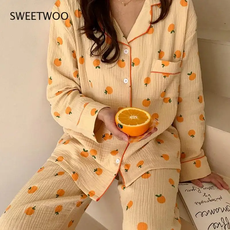 Cotton Home Suit Korean Sleepwear Orange Print Pajamas Women Autumn Pijama Pyjamas Long Short Sleeve 2 Piece Set Nightwear
