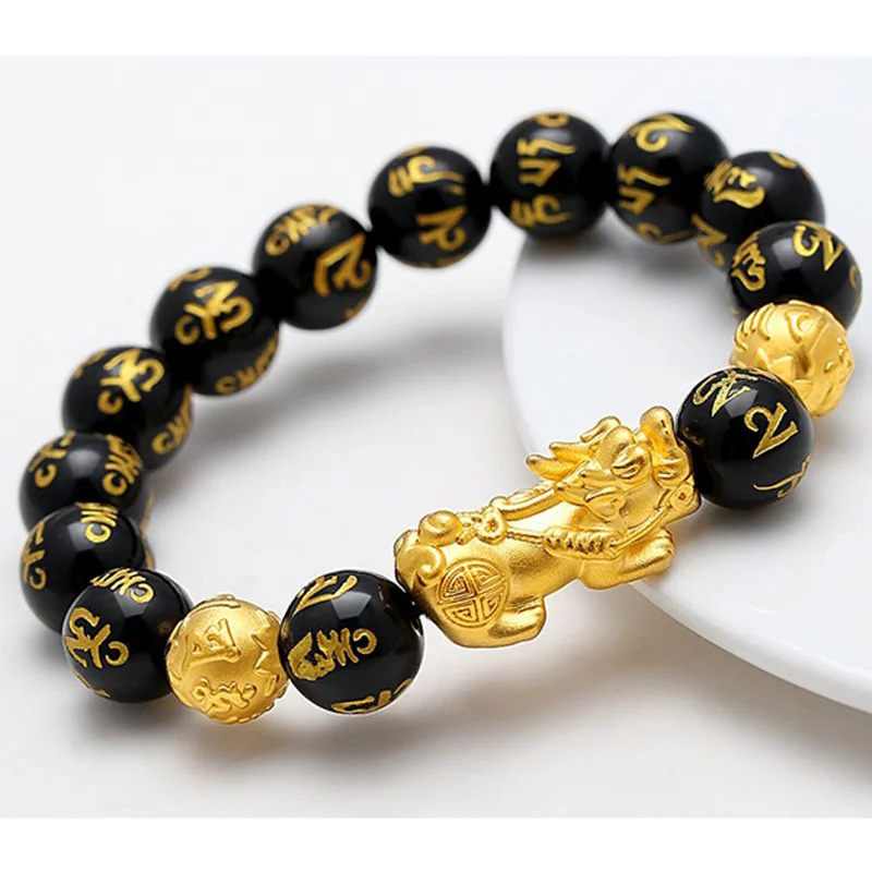 

[the Quality Is Consistent with the Drawing]obsidian Six Character Mantra Hand String Pure Copper Solid Copy 100% Real Gold 24k