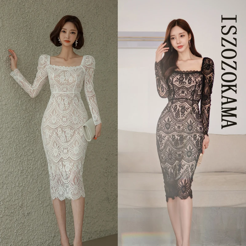 

ISZOZOKAMA lace bodycon Office Dresses one piece korean ladies autumn long Sleeve Sexy cabaret party tight Dresses for women