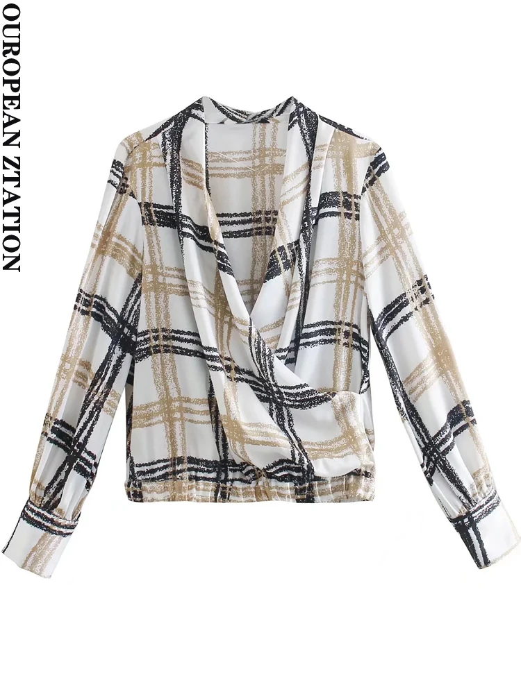 

PAILETE Women 2022 chic fashion check print cropped blouses vintage v-neck long sleeve back elastic hem female shirts tops