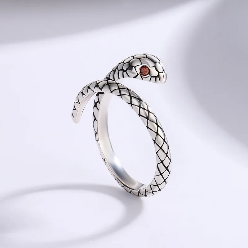 

Fashion Women's Vintage Thai Silver Personalized Trend Snake Ring Ruby Cobra Opening Adjustable Ring