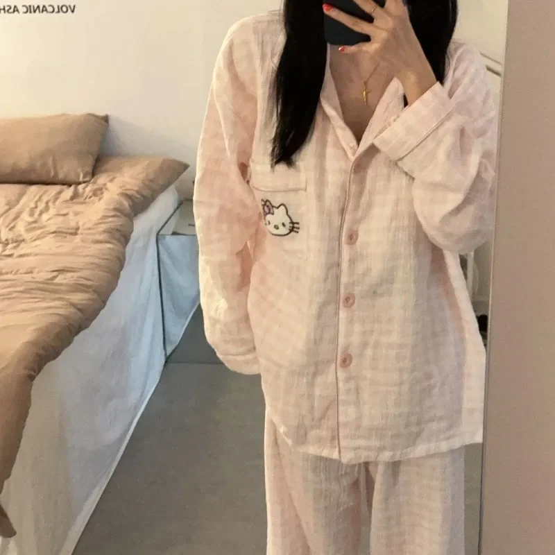 Sanrio Cotton Gauze Pajamas Hello Kitty Women's Pure Cardigan Long-sleeved Trousers Plaid Home Wear Two-piece Set