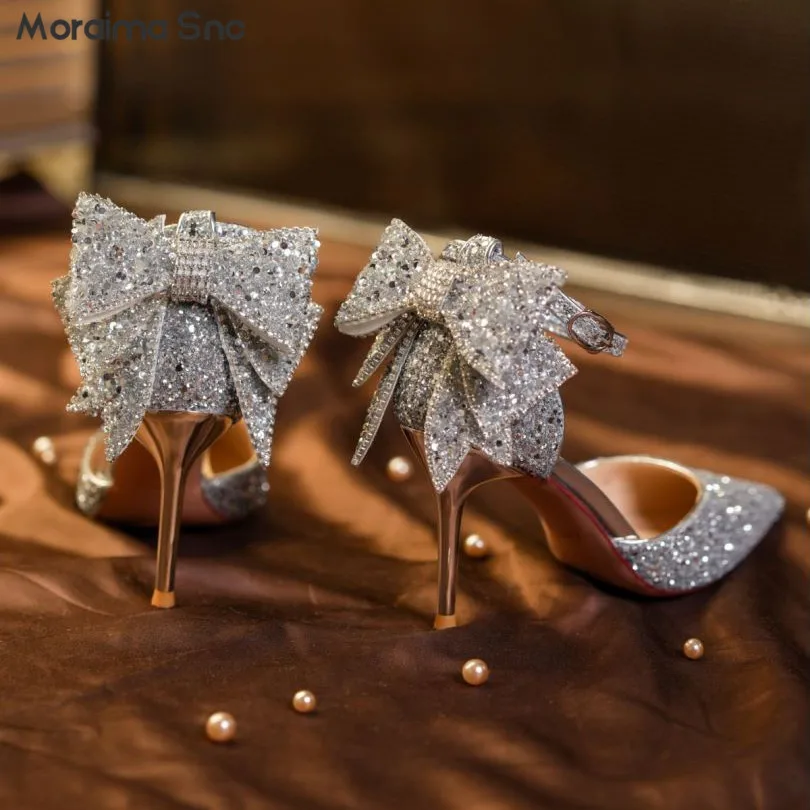 Sequin Butterfly Wedding Shoes Fashion Banquet Pointed Toe Stiletto High Heel Buckle Belt Baotou Pumps Greeter Temperament Shoes