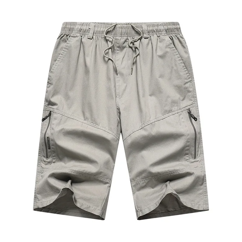

Summer Cotton Casual Pants Men Solid Multi Pocket Beach Jogger Calf-Length Pants Mens Elastic Waist Outdoor Cargo Shorts Man