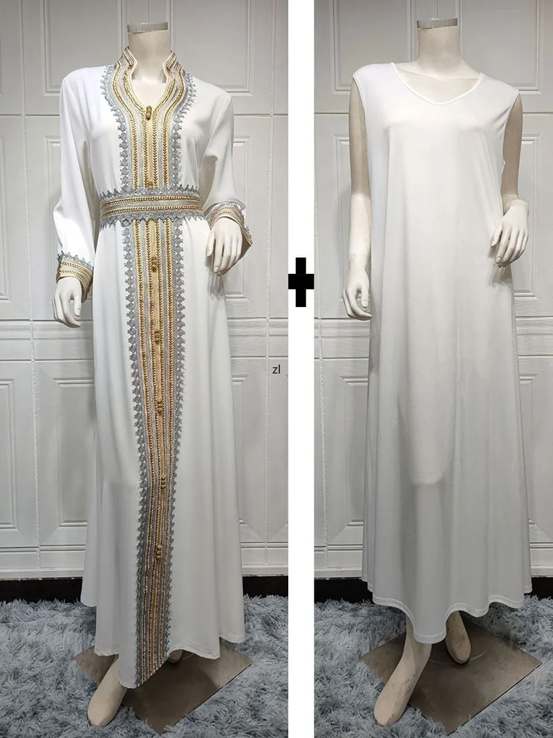 Evening Kaftan Long Dress Women Lace Trimming Arabian Abaya+Inner Slip Dress Muslim Dubai Saudi Jalabiya Wedding White Abayas