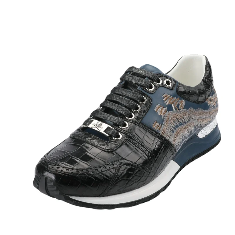 

Кроссовки мужские из натуральной кожи, роскошные повседневные спортивные туфли с вышивкой, кроссовки из крокодиловой кожи, черные