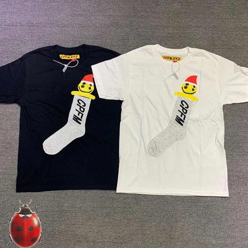 

Men Women CPFM.XYZ Kanye West T Shirt Smiley socks Print Short Sleeve Tops