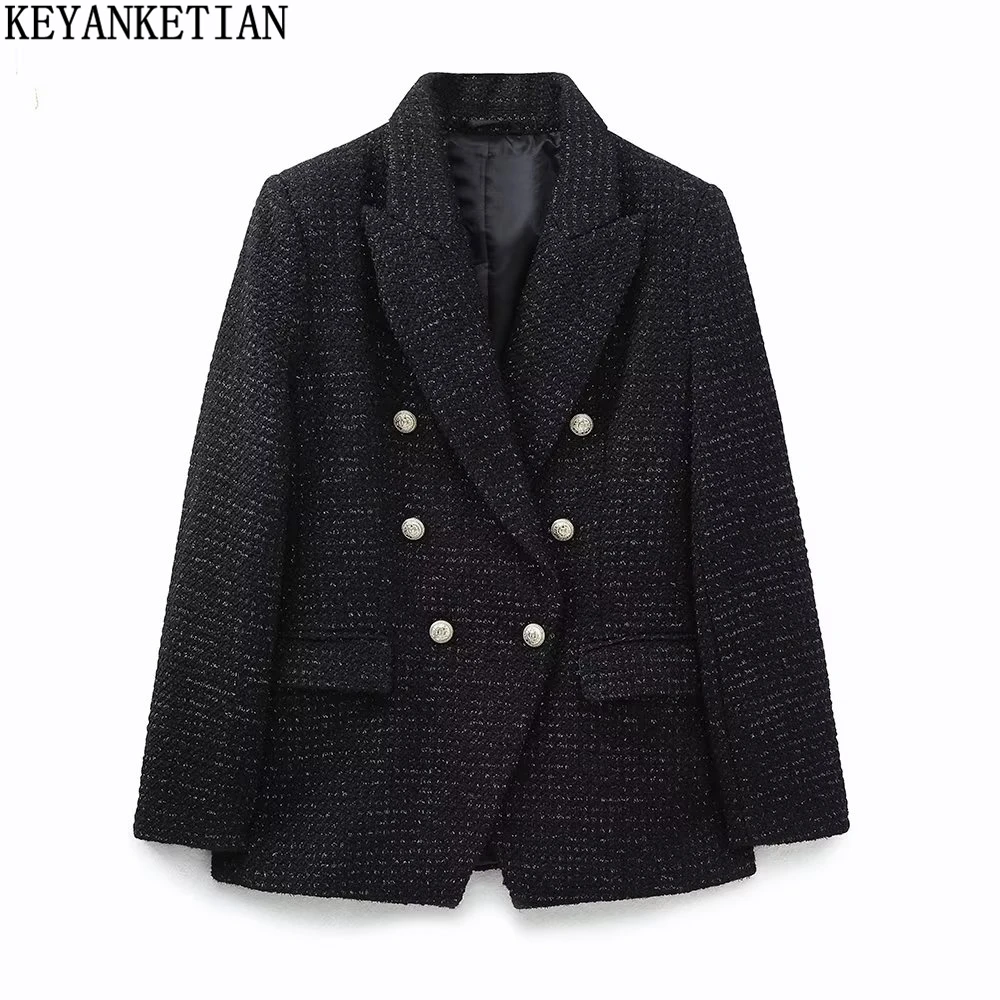 KEYANKETIAN Women's bright silk tweed Little Spice Coat New winter vintage blazer collar double breasted trim short blazer