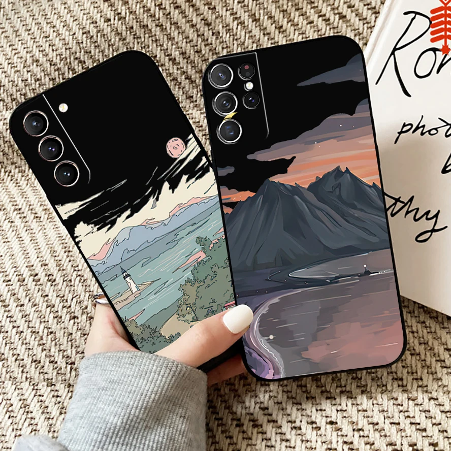 

Hand Painting Landscape Phone Case For Samsung Galaxy S22 S21 S20 Plus Ultra 5G For Samsung S21 S20 FE Soft TPU Black
