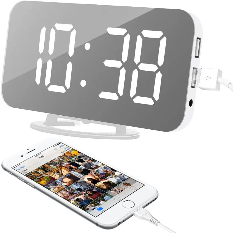 

Alarm Clock,6" Large LED Display with Dual USB r Ports | Auto Dimmer Mode | Easy Snooze Function, Modern Mirror Desk Wall Clock