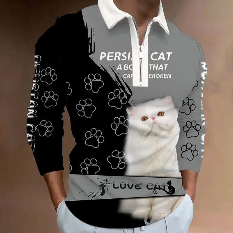 

S-5XL Men's Casual Autumn Long Sleeve Polo Shirts Men Male Zip Tee Shirt Cat Dog Men Tops Street Golf Clothing Clothes For Men