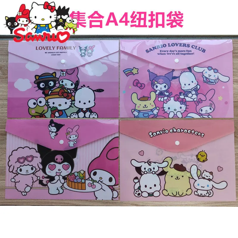 

12Pcs Mix Color Sanrio Melody Kuromi Hello Kitty Cinnamoroll Pochacco Button Bag Document Student A4 Paper Storage Subject Bag
