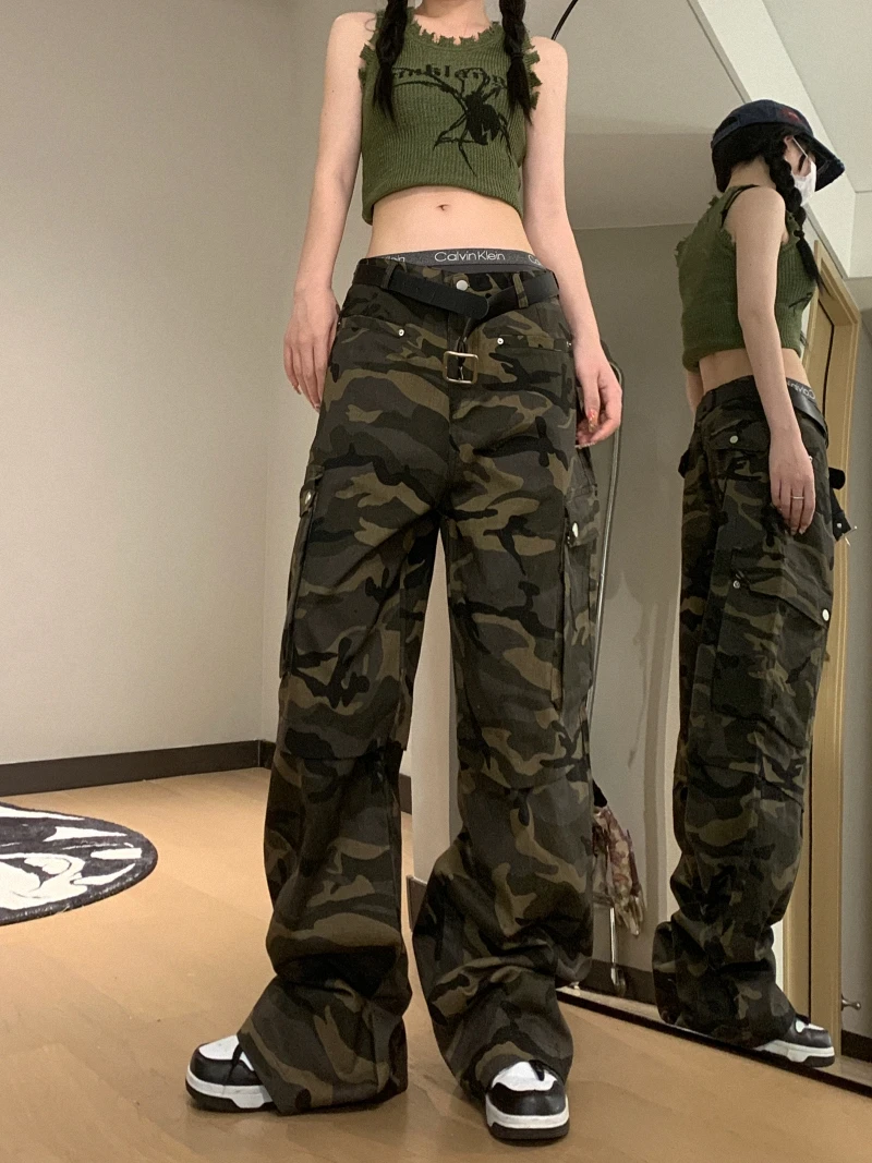

Camouflage Camo Techwear Loose Straight Leg Pant with Pocket y2k pants women clothing summer cargo trouser plus size streetwear