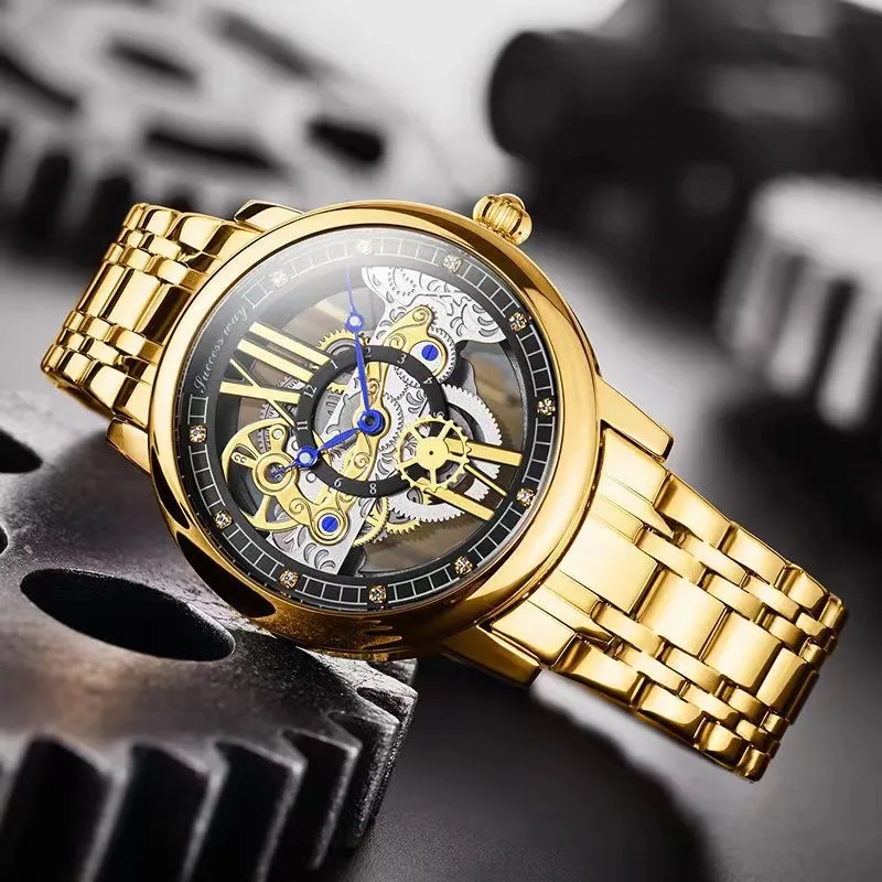 

Роскошные мужские механические наручные часы с двусторонним полым механическим механизмом и ремешком из вольфрамовой стали в подарок для любимого человека