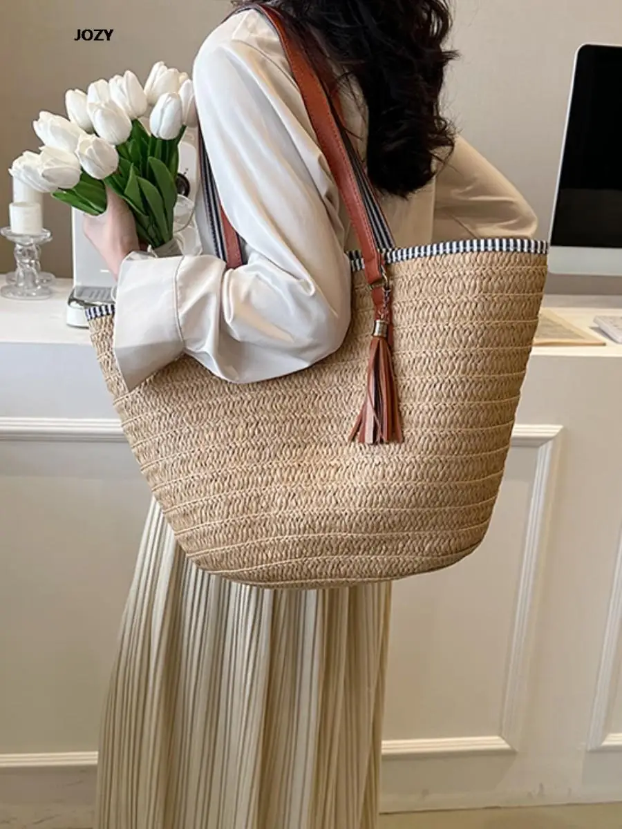 

Соломенная плетеная вместительная сумка-тоут, роскошный модный Повседневный дорожный пляжный саквояж на плечо для женщин, лето 2023