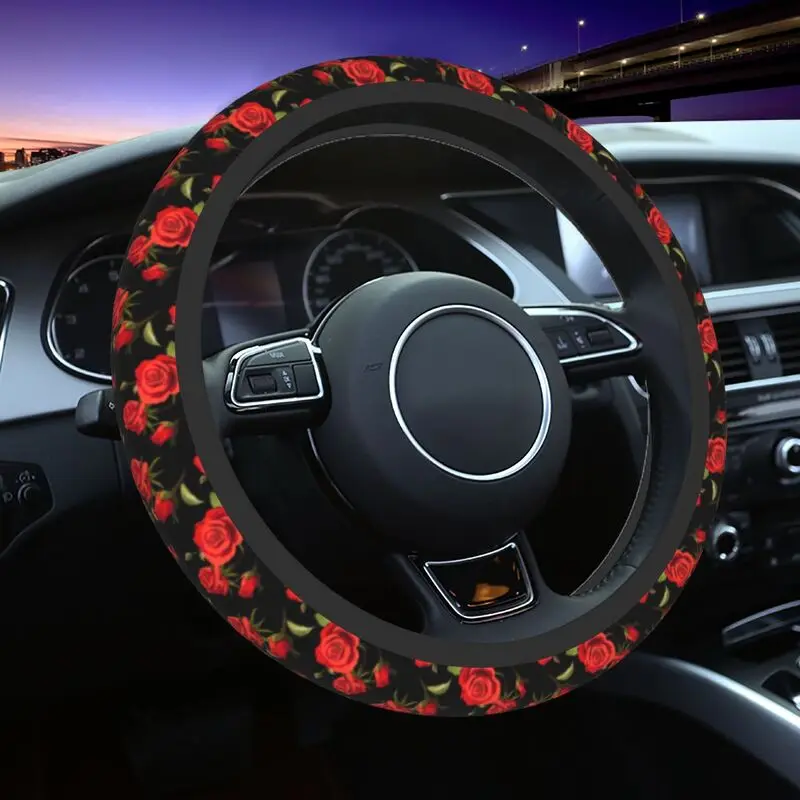 

Cute Beautiful Red Rose Flowers Steering Wheel Cover for Girls Anti-slip Floral Steering Wheel Protector Universal Fit 37-38cm