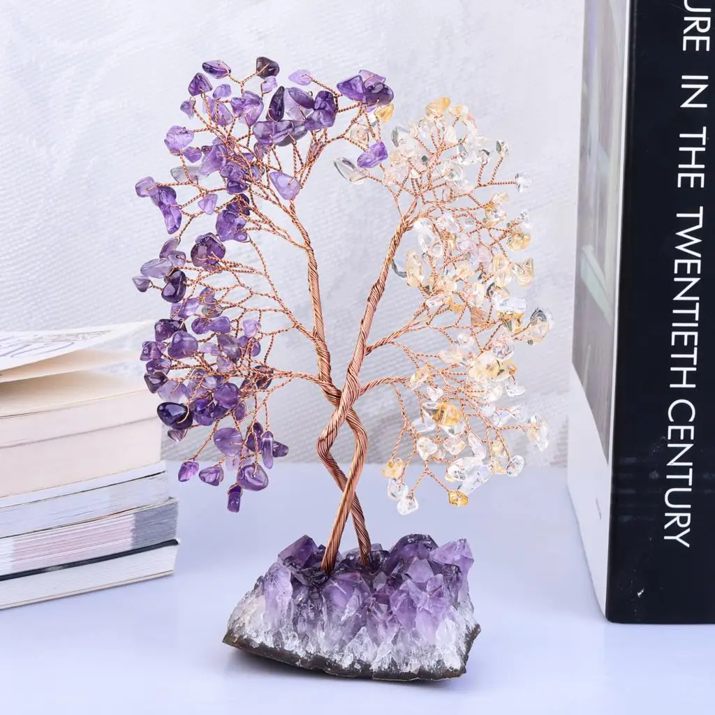 Healing Luck Money Tree With Amethyst Cluster Base Natural Crystal Chips Minerals Gemstone Crafts Gift Nordic Home Ornaments