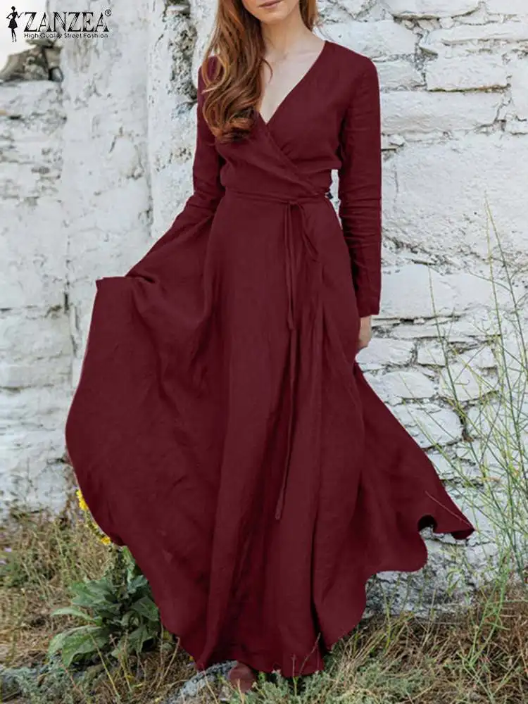 

ZANZEA Women Spring Sundress Elegant SolidCotton Holiday Party A-line Vestidos Robe Femme Vintage V Neck Long Sleeve Maxi Dress