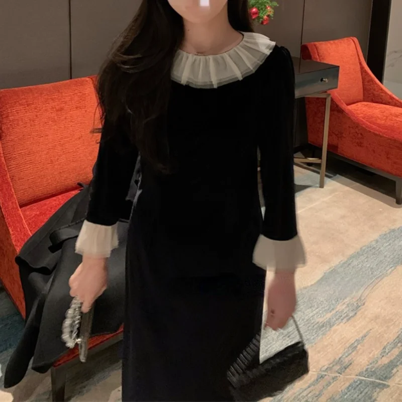 

Женское бархатное платье средней длины, черное винтажное вечернее платье с длинным рукавом, однотонная одежда в Корейском стиле для вечерн...