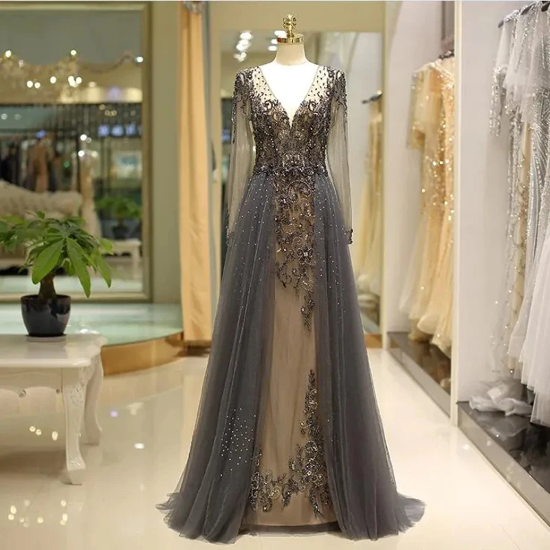 

Long Sleeves Dark Gray V-neck A Line Beading Robe Formal Wedding Guest Evening Prom Dresses Cocktail Birthday