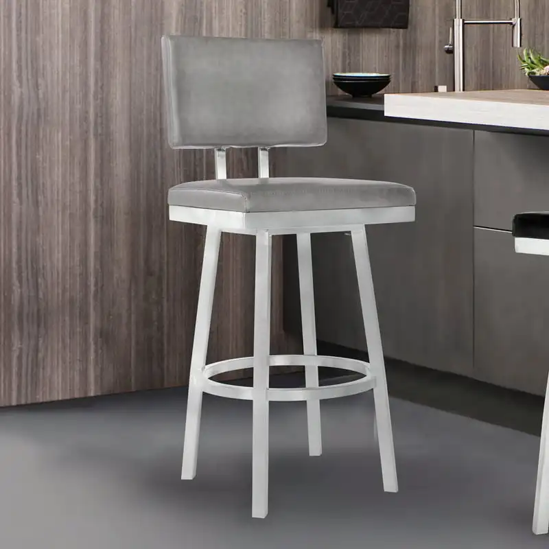 

30” Height Barstool in Brushed Stainless Steel/Vintage Grey Faux Leather
