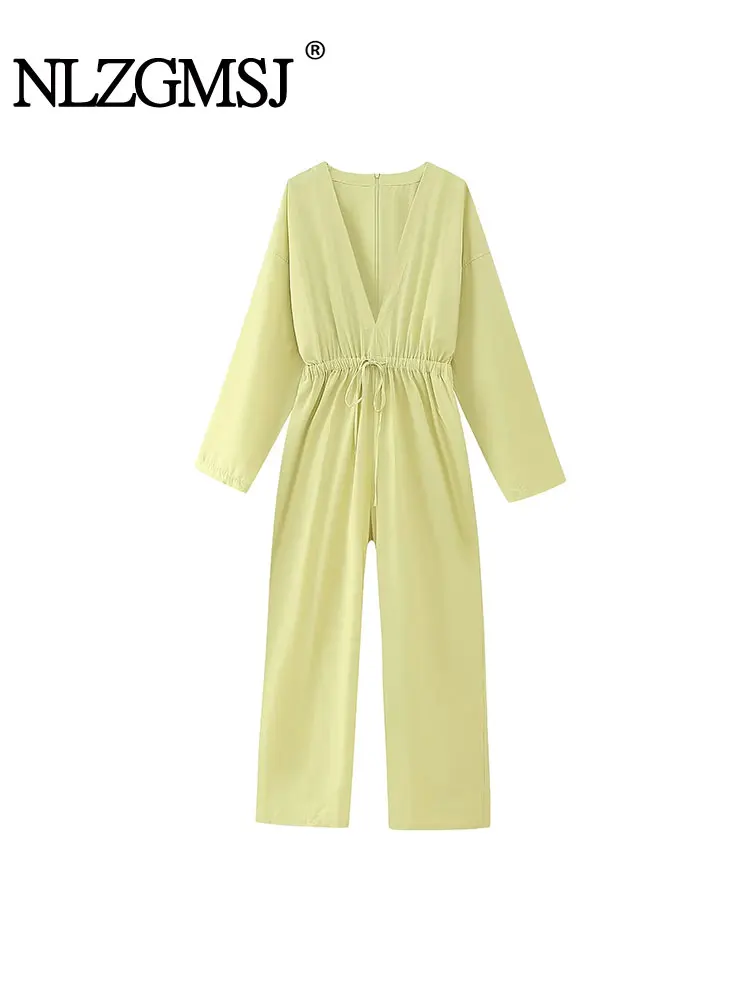 

Nlzgmsj TRAF 2023 Женский комбинезон с длинным рукавом и глубоким V-образным вырезом, с поясом на резинке, прямой комбинезон с широкими штанинами, цельнокроеный костюм, 2023