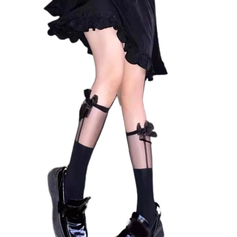 

Женские темные готические носки до щиколотки в стиле "Лолита", милые сетчатые носки в японском стиле Харадзюку с бантом из ленты в стиле ретр...