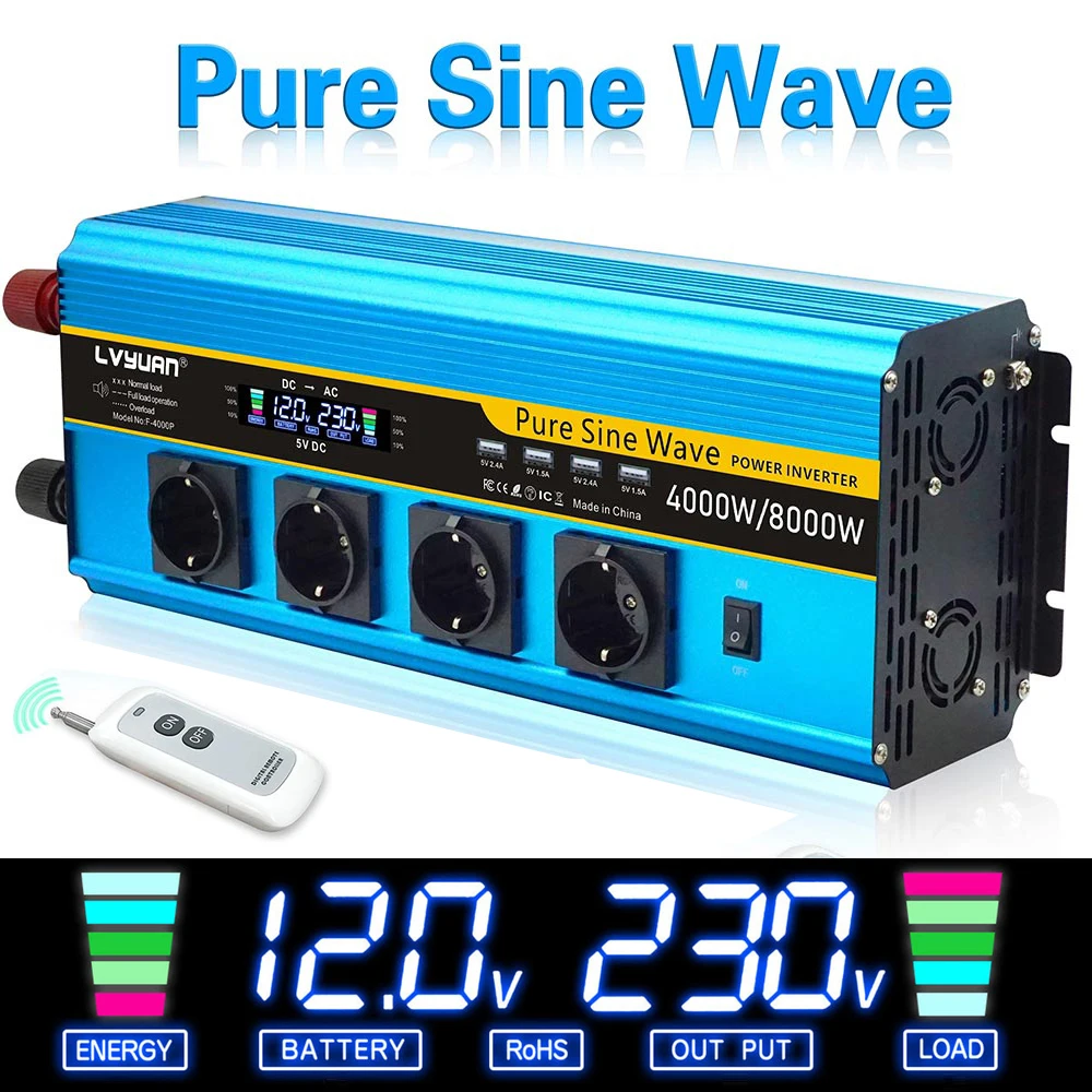 

4000W/8000W Inverter EU Socket Pure Sine Wave Inverter 12V 230V 12 v to 220 Converter 4 Way Output Voltage with 4 USB Charger 5V