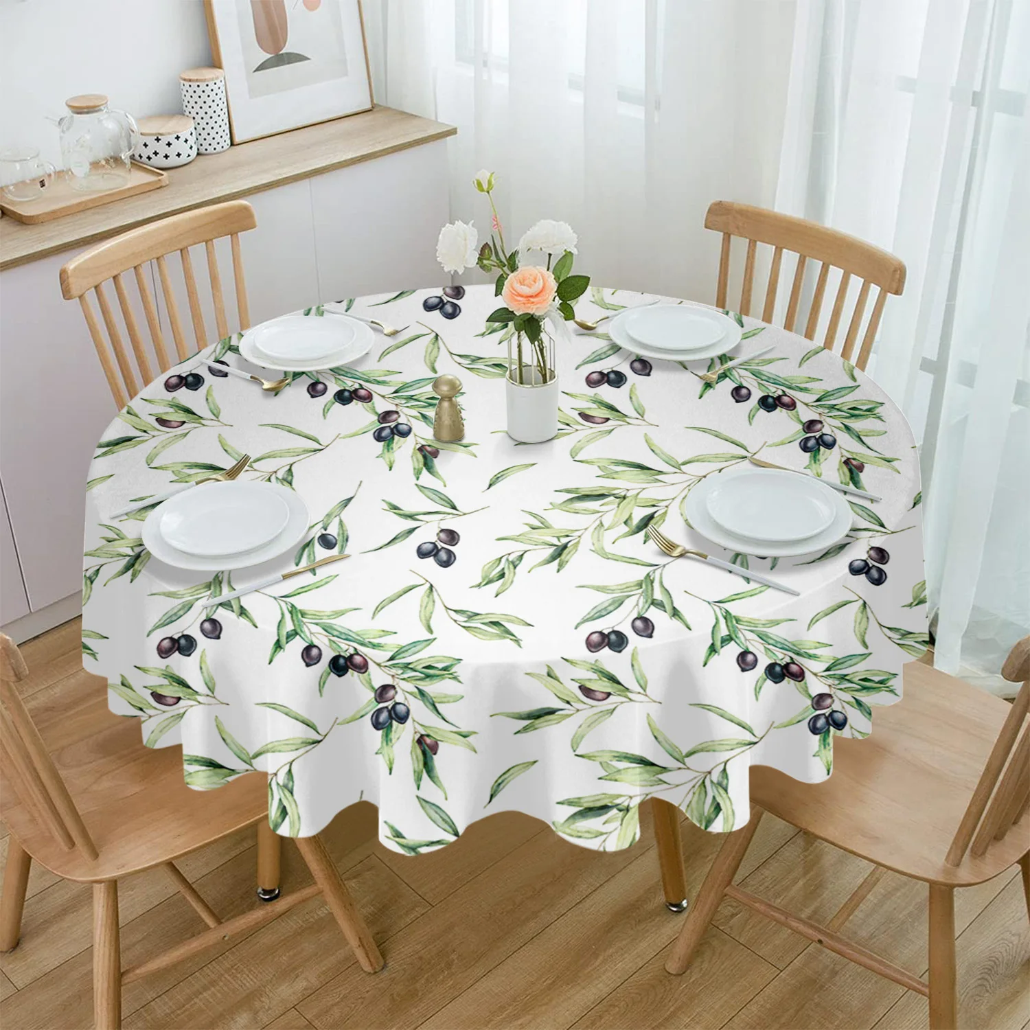 

Watercolor Black Olive Leaf Texture Waterproof Tablecloth Table Decoration Wedding Home Kitchen Dining Room Round Table Cover