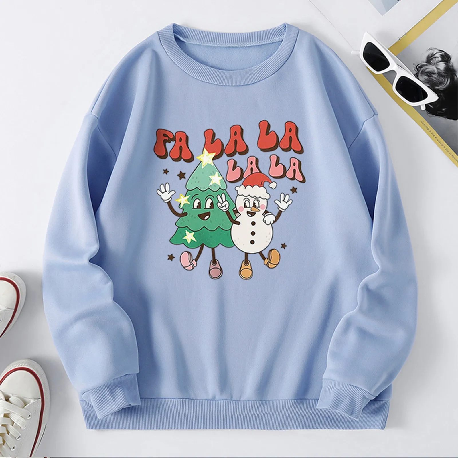 

Women Autumn Winter Round Neck Christmas Tree Snowman Print Fleece Loose Fit Sweater Band Sweatshirts Women Vintage Sweatshirt