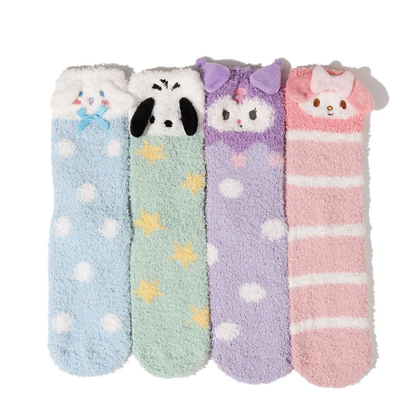 

Kawaii Sanrio Plush Socks Kuromei My Melody Cinnamoroll Cartoon Thickened Medium Tube Home Coral Velvet Socks for Girls Gifts