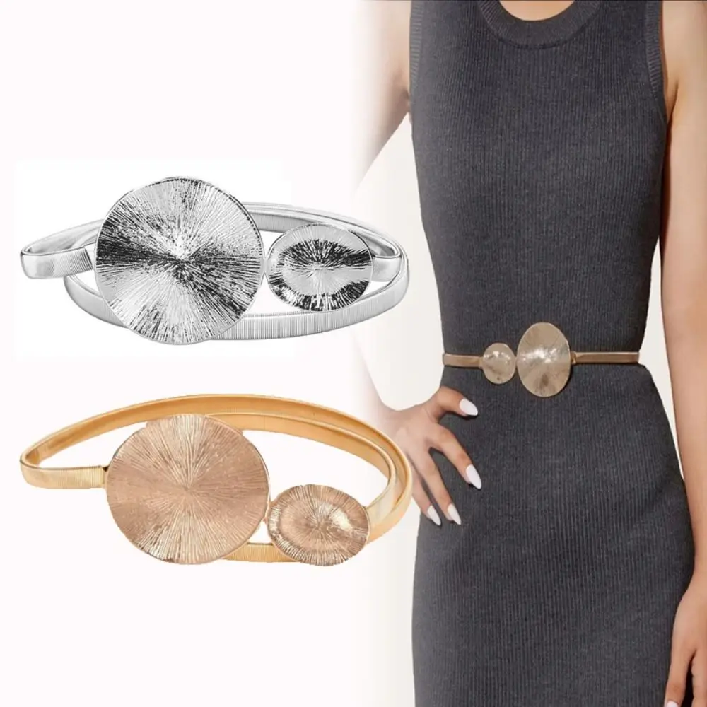 

Women Stretch Elegant Casual Metal Elastic Belt Round Leaf Buckle Waist Band Ladies Dress Cummerbands Thin Waistband