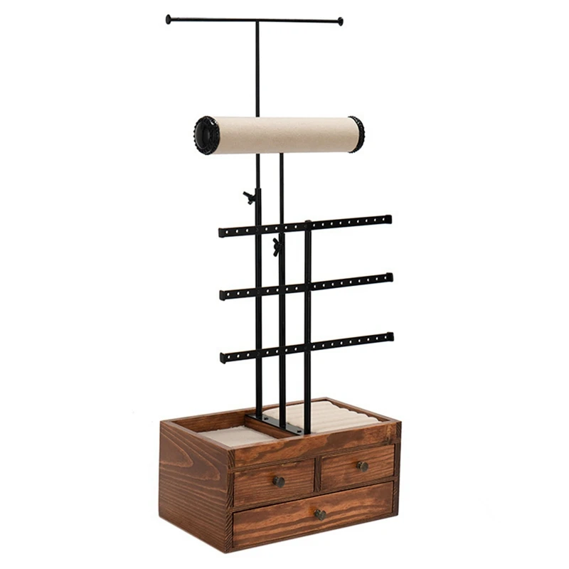 

Wooden 5 Tier Jewelry Stand Holder Adjustable Height Jewelry Tower With Large Tray For Necklaces Earrings Bracelets