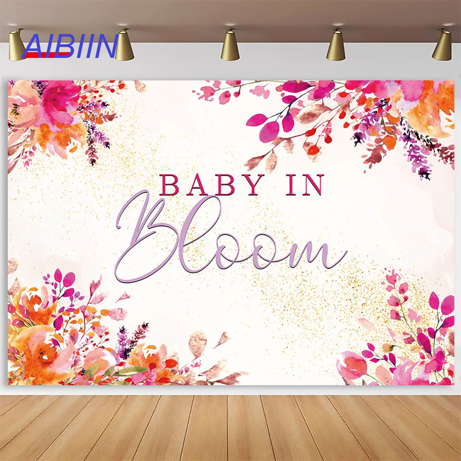 Baby in Bloom Backdrop Floral Gold Dots Shower Party Decor Boy or Girl Gender Reveal Cake Photography Background