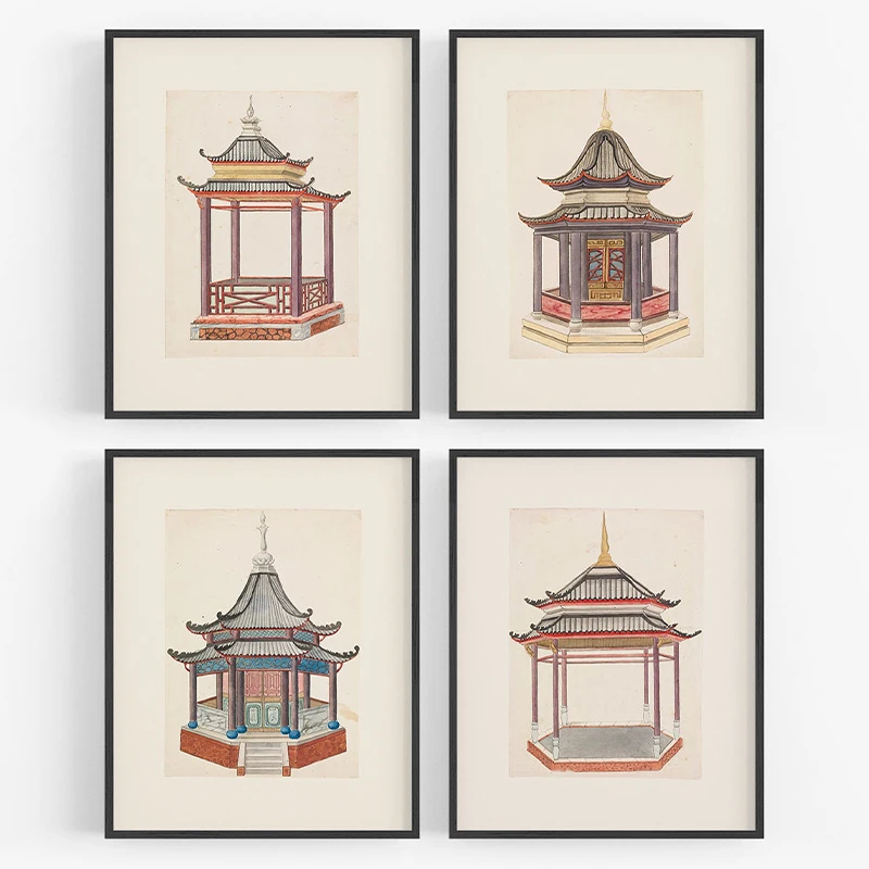 Китайская пагода акварельная картина на холсте