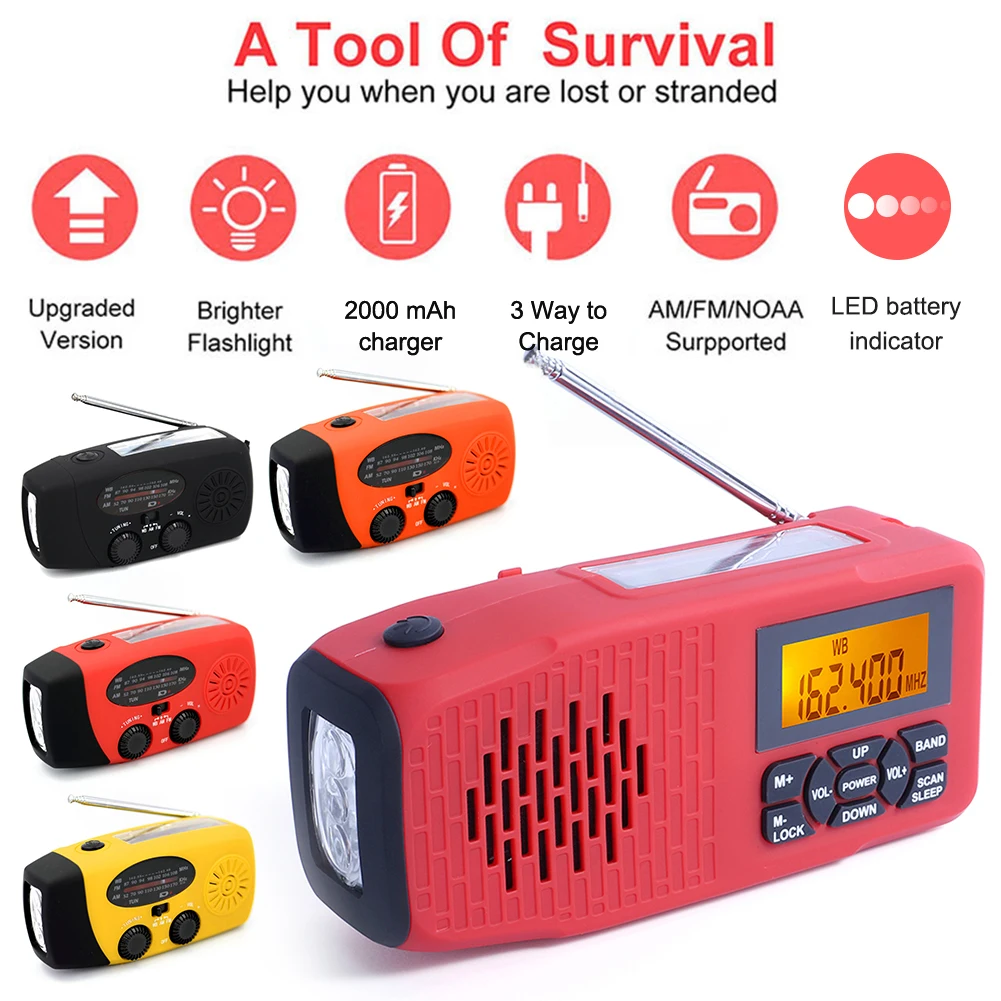 

Multifunctional Emergency Radio Hand Radio Solar Crank Dynamo FM AM WB NOAA Weather LED Flashlight Torch Power Bank SOS Alarm