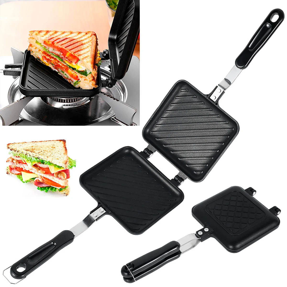 

Double Side Bread Frying Pan Non Stick Barbecue Plate Multiple Purposes Sandwich Toaster Mold Heat-resistant Toastie Waffle