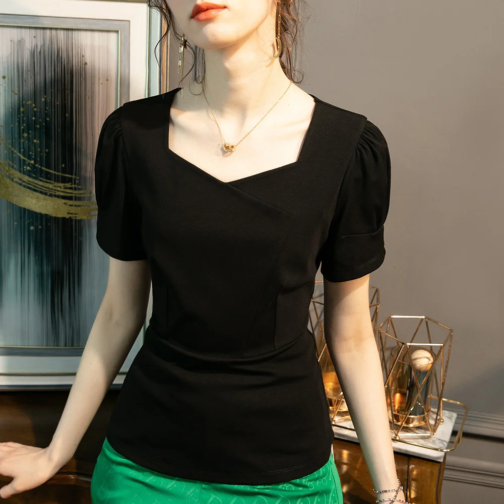 

2022 Women's Summer New Square-neck Puff-sleeved Short-sleeved Top T-shirt Women's French Retro Style Waist Small Shirt White T