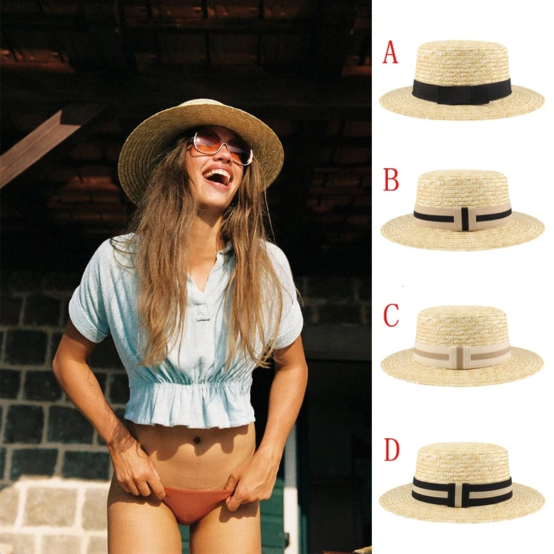 

Men Women Straw Boater Hats Summer Sunhat Flat Top Caps Sailor Sombrero Beach Fedora Trilby Travel Size US 7 1/8-7 1/4 UK M-L