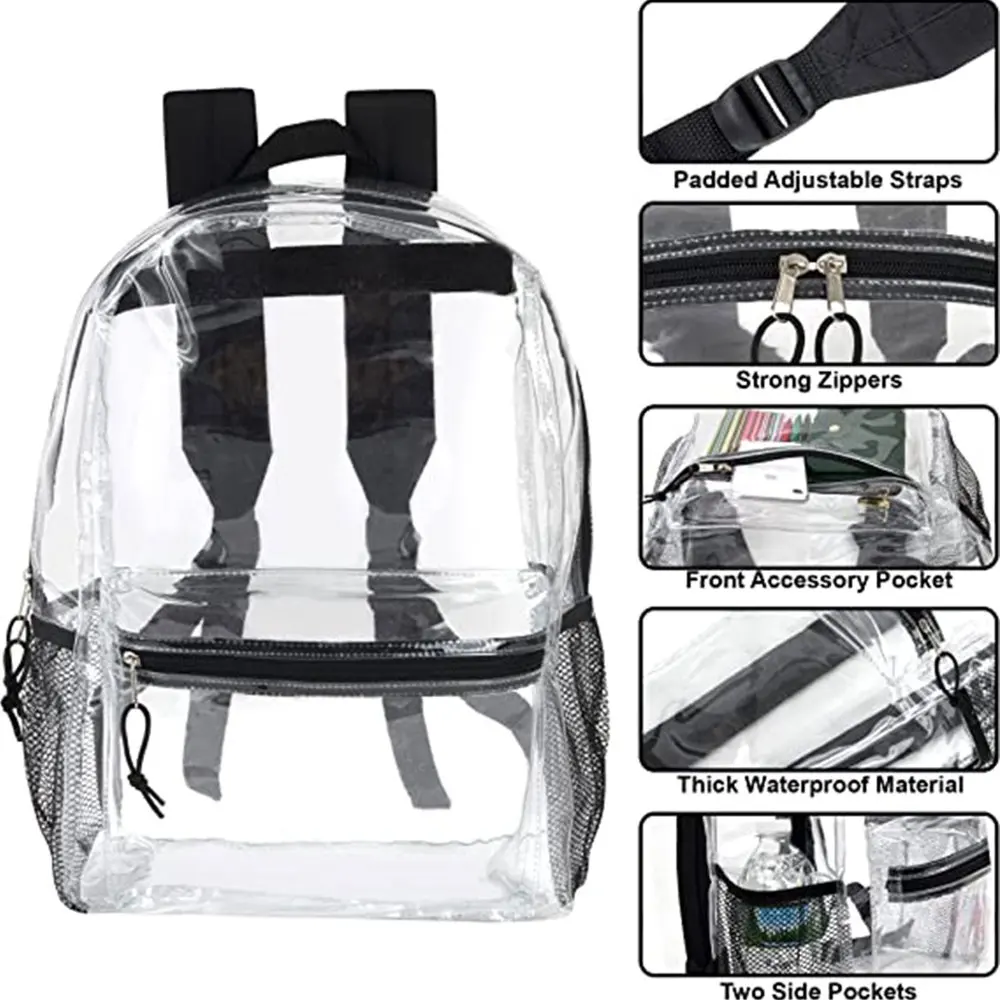 Black Clear Backpack With Reinforced Straps & Front Accessory Pocket - Perfect for School, Security, & Sporting Events by