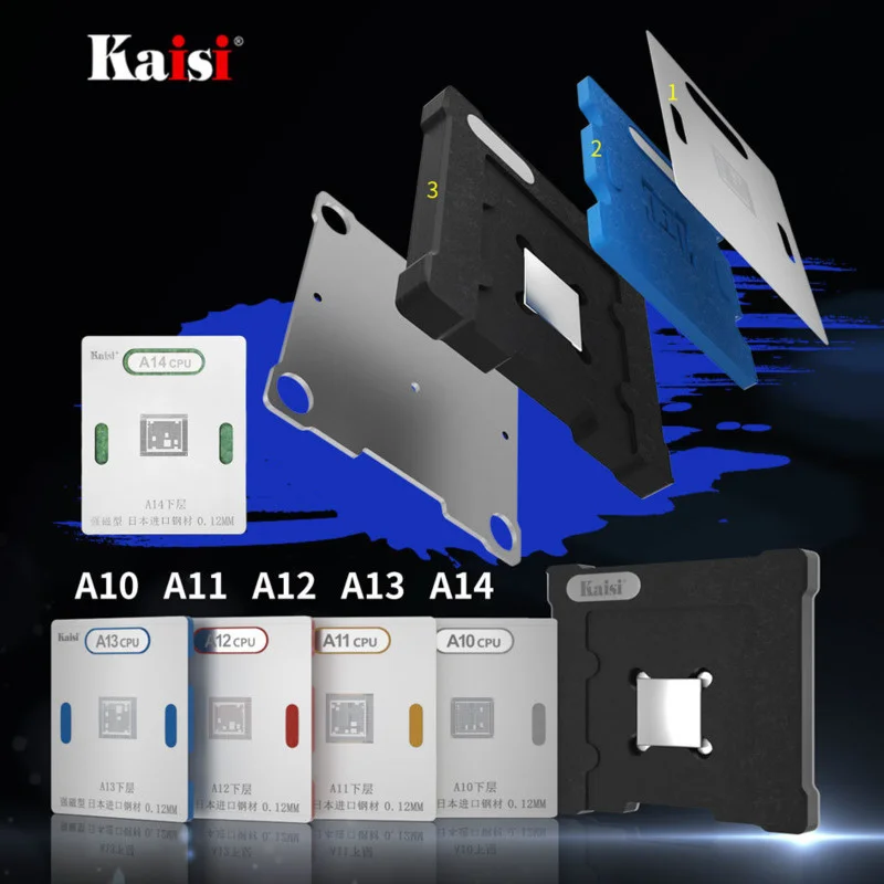 

Kaisi Position Mould Planting Tin Net Combination Set CPU RAM Reballing Platform A8 A9 A10 A11 A12 BGA Reballing Stencil