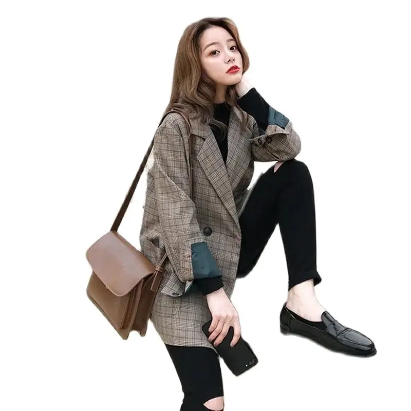 

Small Suit Jacket Women Loose Korean Version 2022 Spring and Autumn New Fashion Hong Kong Style Retro Plaid Suit Korean Trend
