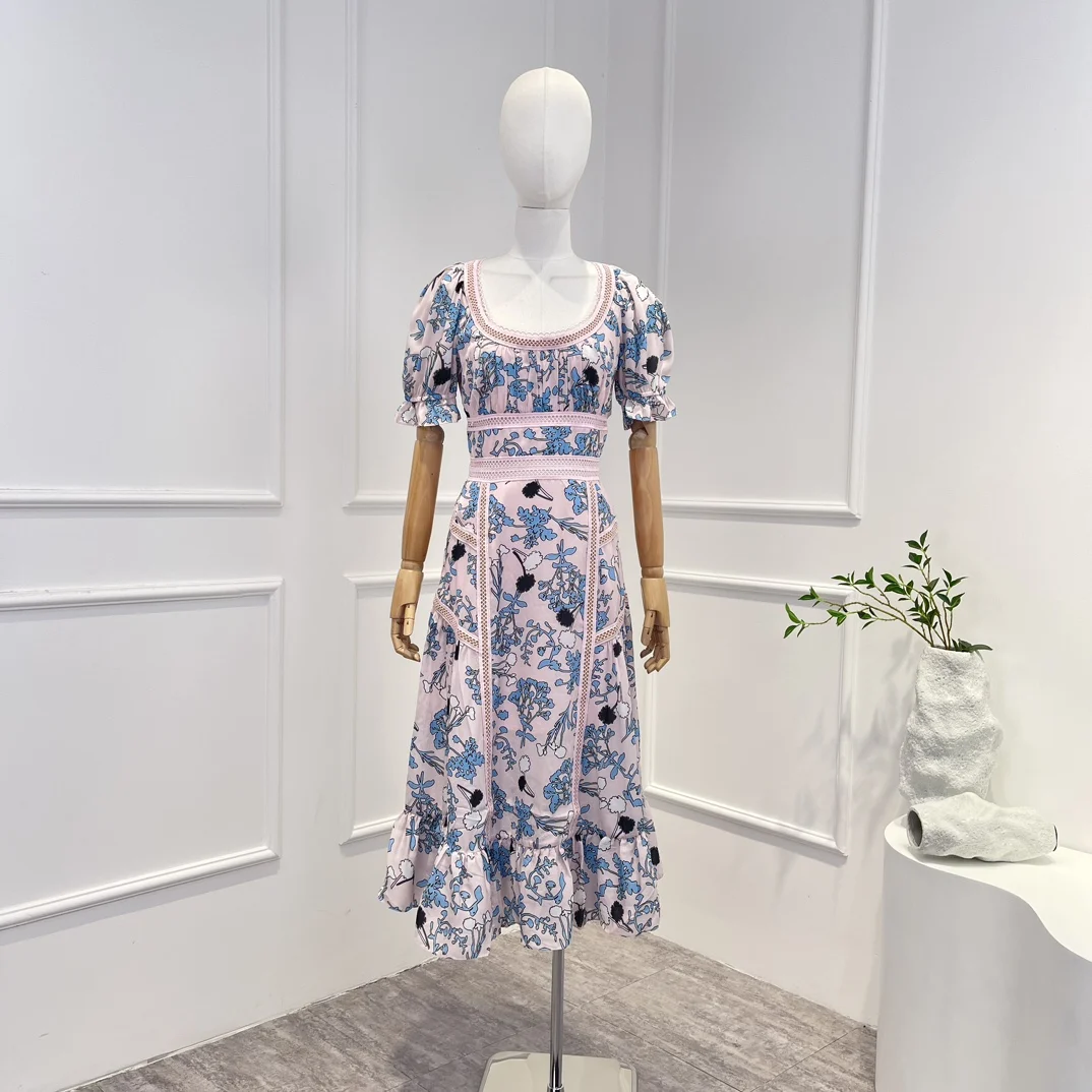 

Женское ажурное платье миди, розовое винтажное кружевное платье с коротким рукавом и цветочным принтом, новая коллекция 2023